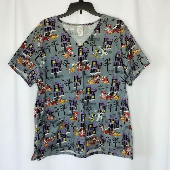 Disney V Neck Halloween Scrub Top Mickey Minnie Cotton Short Sleeve Nurse sz: XL - Picture 1 of 6